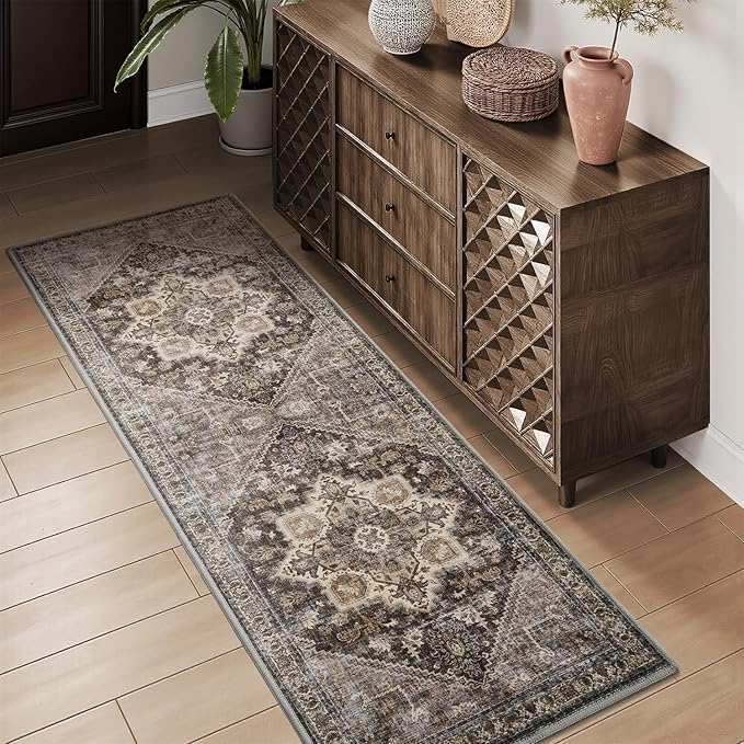 Runner 2x6 Runners for Hallways Rug Soft Kitchen Runner-Rugs for Bedroom Machine Washable Rug Vintage Oriental Floral Medallion Laundry Non Slip Brown