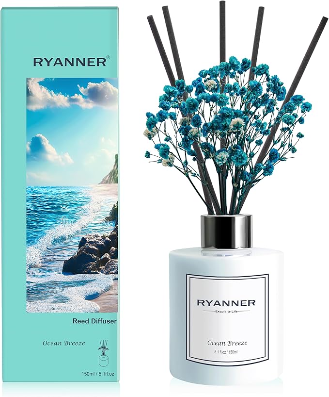 Reed Diffuser Set,5.1oz Ocean Breeze Scent Diffuser with Sticks Home Fragrance Reed Diffuser with Essential Oil for Bathroom Shelf Decor&Air Freshener,Home Bathroom Office Decor & Gifts