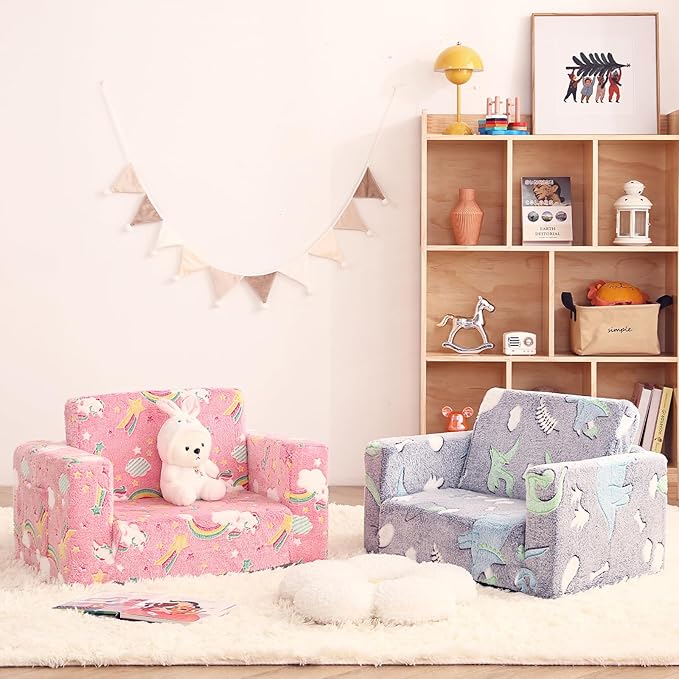 Toddler Chair Kids Couch, 2-in-1 Comfy Armchair with Removable and Washable Cover Carrying Handle, Convertible Reading Chair Toddler Couch for Girls and Boys, Pink Rainbow