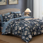 Full Comforter Set -7 Pieces Floral Navy Blue Comforter Set for All Seasons, Bed in a Bag Full with Botanical Flowers Comforter, Sheets, Pillowcases & Shams