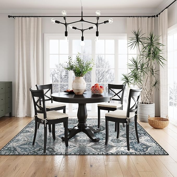 Lahome Moroccan Washable Living Room Rug, 5x8 Rugs for Bedroom Dining Room, Soft Non-Slip Non Shedding Boho Distressed Throw Carpet for Nursery Office, Blue