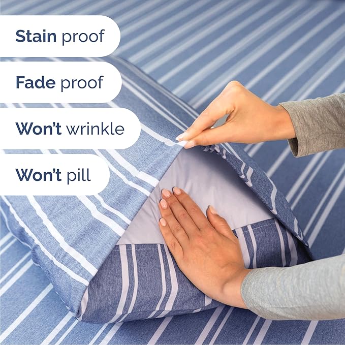 Cal King Sheets Set 6 Piece - Includes 4 Pillowcases - Bed Sheets Cal King Size - Soft Hotel Luxury Bedding - Cooling & Breathable - 1 Flat & 1 Fitted & 4 Pillowcases w/ Deep Pockets - Blue Stripes