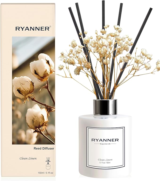 Reed Diffuser Set,5.1oz Clean Linen Scent Diffuser with Sticks Home Fragrance Reed Diffuser with Essential Oil for Bathroom Shelf Decor&Air Freshener,Home Bathroom Office Decor & Gifts