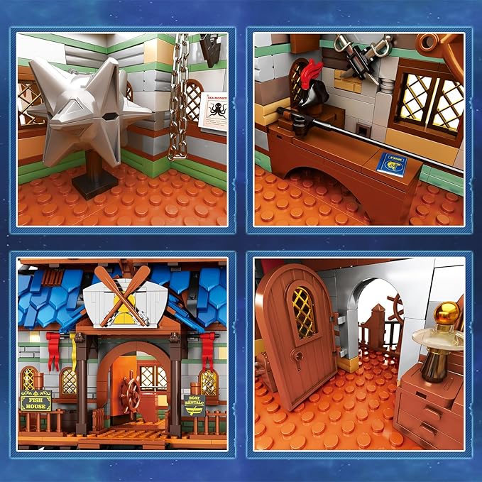Reobrix Medieval Fishing Store Lighting Building Block Sets for Adults, Medieval Architecture Display or Home Office Decor, Creative Construction Building Kits 66007, Idea Gift for Adults