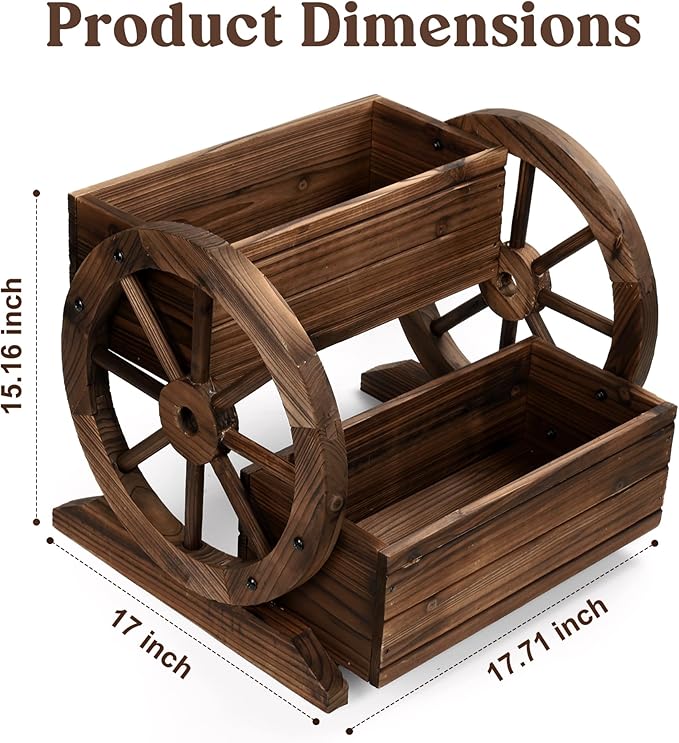 Wooden Wagon Planter Box, Garden Planter with Wheels,Decorative Planter for Flowers Herbs Vegetables for Indoor & Outdoor Décor, Flower Cart for Patio Garden Balcony
