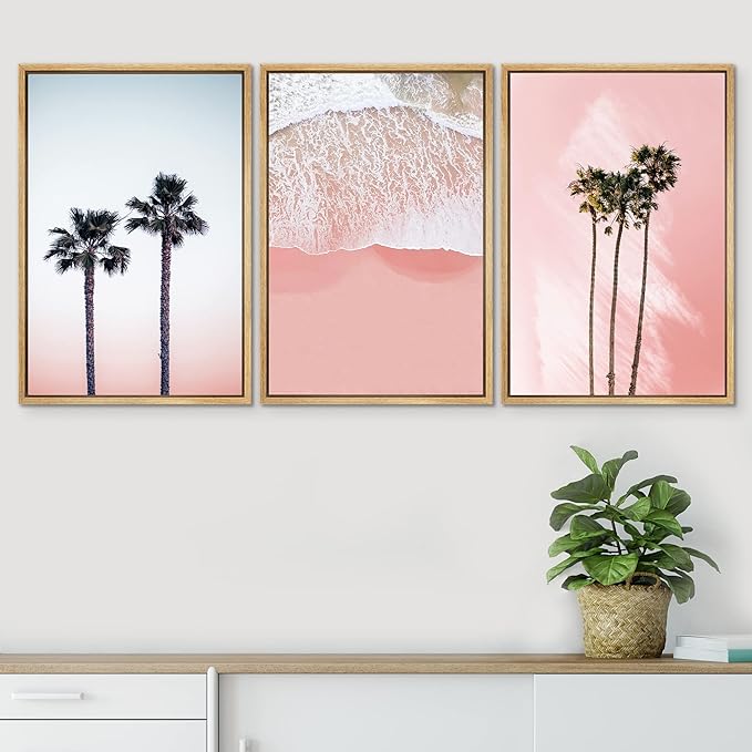 SIGNWIN 3 Piece Framed Canvas Wall Art Palm Tree in The Pink Beach Canvas Prints Home Artwork Decoration for Living Room,Bedroom - 16"x24"x3 Natural