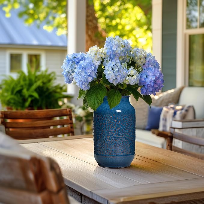 Blue Ceramic Vase for Home Decor, 9 Inch Modern Farmhouse Vase, Decorative Vases for Pampas Grass, Fireplace, Living Room, Bathroom, Tabletop, Kitchen, Office, Farmhouse Decor