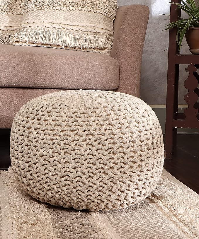 REDEARTH Round Pouf Ottoman - Cable Knitted Boho Poof - Home Décor Cord Pouffe Handmade Circular Footrest for Living Room - Bedroom - Kids Bedroom - 100% Cotton Pouf (18" x 18" x 14") - Ivory