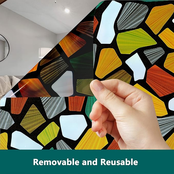 Volcanics Decorative Stained Glass Window Privacy Film with Installation Tools– Static Cling Privacy Sticker for Home & Church, Non-Adhesive, Anti-UV & Heat Blocking, 17.5 x 78.7 Inches