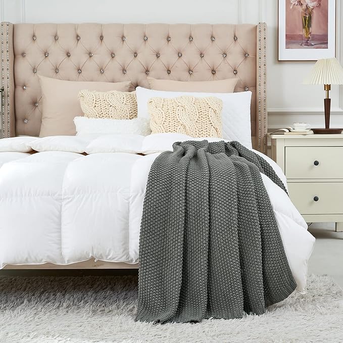 Longhui bedding Chunky Cable Knit Throw Blanket Lightweight Grey 100% Organic Cotton Blanket for Sofa Couch Bed Baby Nursery, Rustic Shabby Chic Modern Farmhouse, Gray 60” x 80” Give Laundering Bag