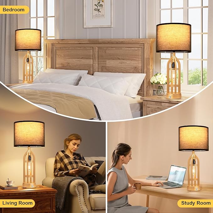 Seealle Table Lamps for Living Room Set of 2 - Gold Bedside Lamp for Bedroom with USB C+A & Outlet, Farmhouse Lamps for Night Stands, 3-Way Dimmable Touch Lamps for Living Room with Black Shade