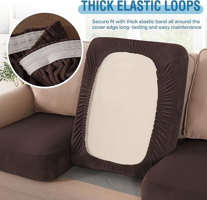 H.VERSAILTEX Velvet Stretch Couch Cushion Cover Plush Cushion Slipcover for Chair Loveseat Sofa Cushion Furniture Protector Seat Cushion Sofa Cover (3 Piece XL Sofa Cushion Covers, Brown Striped)