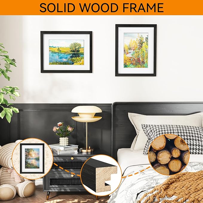 IBUYKE 11 x14 Picture Frame,Set of 3,Solid Oak Wood 11x14 Photo Frame with Mat to 8x10,11x14 Picture Frames With Tempered Glass,Wall Mount Display,Home Decor,Black Oak 14 x 11 Frame,UWPF1114B-3