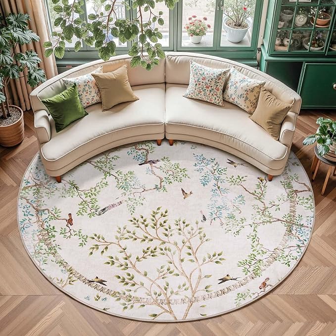jinchan Round Rugs 7ft Ivory Botanical Birds Print,Machine Washable 7' Circle Nature Plants Modern Soft Non Slip Kids Throw Area Rugs Ultra Thin Low Pile Carpet for Living Room Bedroom Dining Room