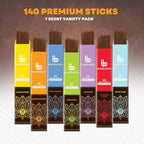 Mecka Buddha Bliss Incense Sticks - Set of 7 | 140 Sticks for Aromatherapy & Relaxation - Nag Champa, Frankincense, Sandalwood, White Sage Inscent | Natural Non Toxic Premium Long Burn Insenses