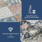 Yvooxny 3-Piece Quilt Set Queen Size Quilted Bedspread Reversible Country Style Blue Floral Paisley Real Patchwork Bedding Quilt Set with Ruffles with Pillowcases for All Seasons, 98 * 90 Inches