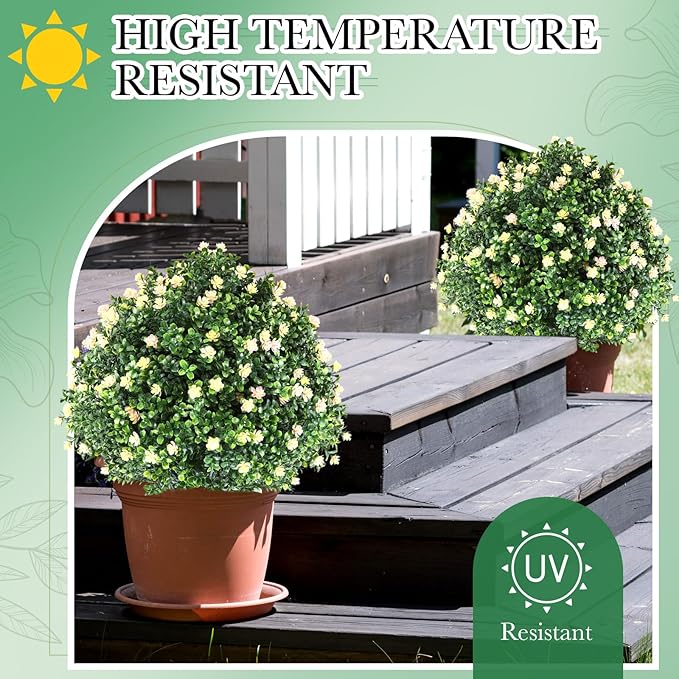 Yunlly Set of 2 Artificial Boxwood Topiary Ball Tree Fake Bushes Shrubs Outdoor Faux Plant with Ground Spike Flowers UV Resistance Greenery for Front Porch Garden Patio Indoor(Light Yellow,27x18inch)