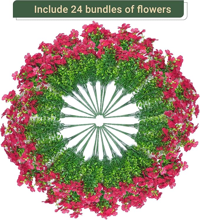 24 Bundles Artificial Flowers for Outdoors & Indoors – UV Resistant Faux Plastic Plants for Garden, Patio, Porch, Window Box, Home Decor – Lush & Vibrant Fake Flowers, Red