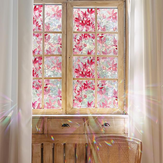 Stained Glass Window Privacy Film, Watercolor Pink Leaves Flowers Double Sided Non-Adhesive Glass Windows Clings Stickers for Home Office Living Room Window Door Decor 16.93 x 39.37 Inches