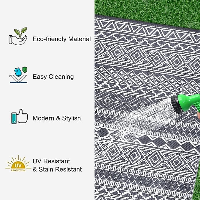 GAOMON Reversible Outdoor Rug 9'x18' Waterproof Plastic Straw Rug, Patio Rug, Large Modern Area Rug Carpet, Indoor Outdoor Rugs for Camping, Porch, Deck, Balcony, Backyard, Grey/White(Bohemia)