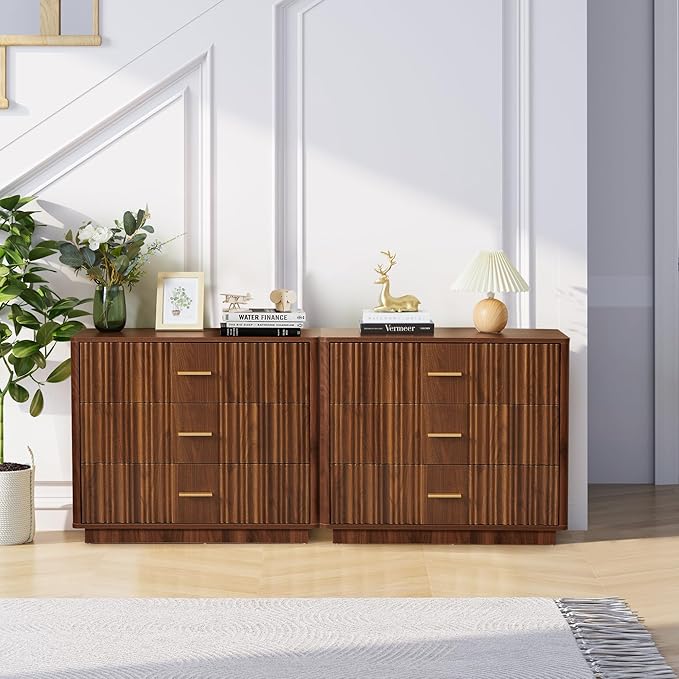 Fluted Dresser for Bedroom with 3 Drawers,31.5"Wide Modern Chest of Drawers with Metal Handle,Large Storage Dresser, Wood Closet Clothes Storage Organizer for Nursery Living Room Hallway,Walnut 2 Sets