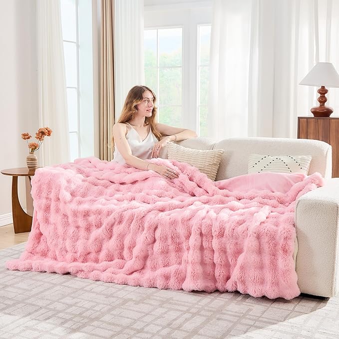 Lotus Karen Faux Fur Throw Blanket Pink - Big Bubble Rabbit Fluff Blanket for Couch, Sall Fluffy Fuzzy Cozy Blanket,Thick Furry Plush Shaggy Blankets,60x80 Inches