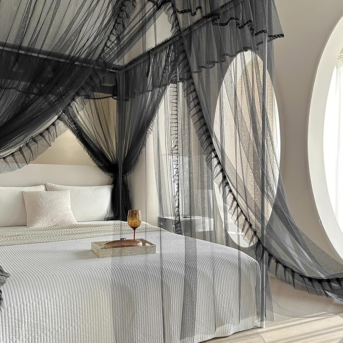 AIKASY 4 Corners Post Ruffle Princess Bed Canopy Curtain - Double Layer Cozy Drape Netting with 4 Openings - Elegant Mosquito Net for Girls and Adults Bedroom Decoration (Black, Queen)