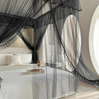 AIKASY 4 Corners Post Ruffle Princess Bed Canopy Curtain - Double Layer Cozy Drape Netting with 4 Openings - Elegant Mosquito Net for Girls and Adults Bedroom Decoration (Black, Queen)