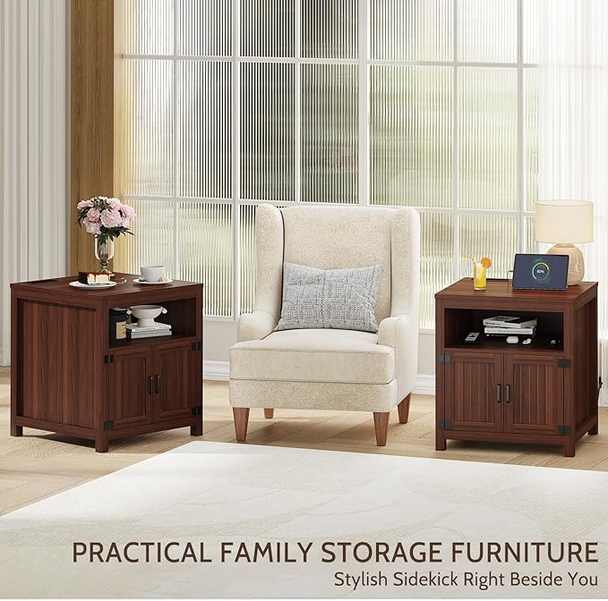 Farmhouse End Table with Charging Station, 24" Large Side Table with Open Shelf and Storage Cabinet, Wood Square Bedside Table Nightstand for Living Room, Bedroom (Espresso)