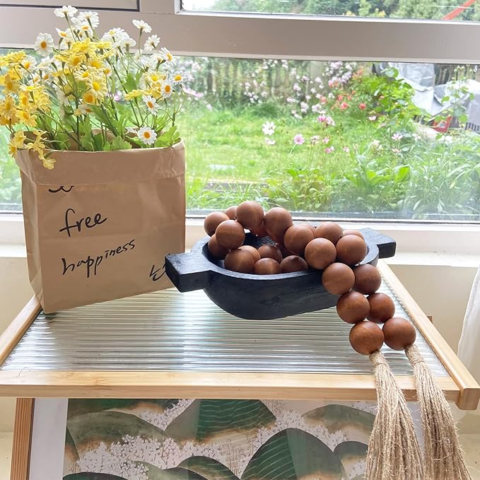 OMISHE 60" Long Extra Large Wood Bead Garland with 1.6" Diameter Wooden Beads and Tassels, Rustic Farmhouse Country Decorative Beads for Home Decor Tiered Tray Decor, Brown