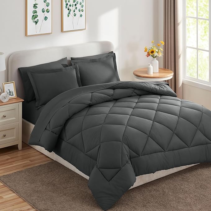 CozyLux California King Comforter Set Dark Grey - Cal King Bed in a Bag 7 Pieces, Luxury Soft Bed Set for All Seasons, Bedding Set with Down Alternative Comforter, Sheets, Pillowcases & Shams