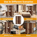 4 Panel Pegboard Display with 16 Hooks, Wooden Pegboard Room Divider Wall with Shelf, Rustic Room Dividers and Folding Privacy Screens, Bedroom, Jewelry Store, Brown