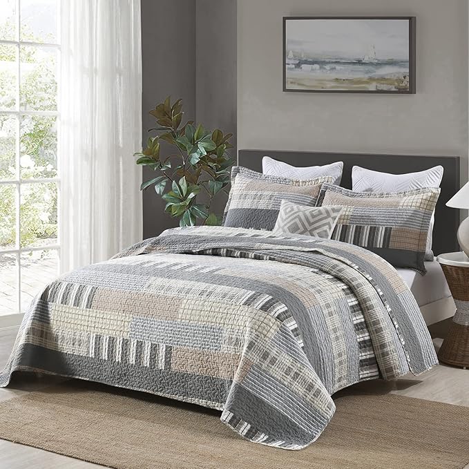 Y-PLWOMEN Quilt King Size - 100% Cotton Brown Grey King Quilt Farmhouse Plaid Quilted Bedspread, 3 Pieces Lightweight Reversible King Size Quilt Bedding Set for All Season