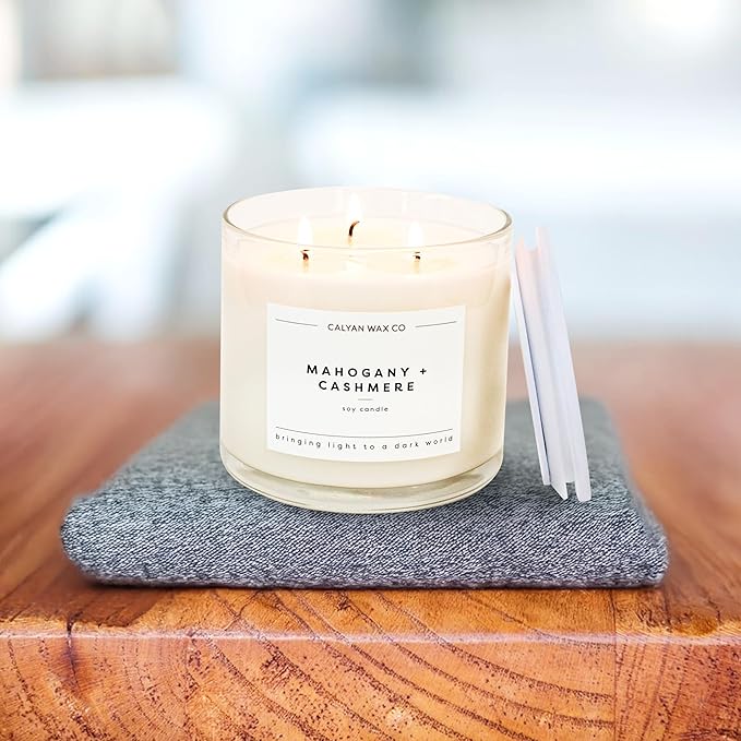 Calyan Wax Co. 3 Wick Candle, Mahogany & Cashmere Scented Candle, 43 Hour Burn Time, 3 Wick Soy Candles, Non Toxic & Vegan Soy Wax, Glass Jar Scented Candles, 14.9oz