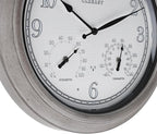 CLXEAST 18 Inch Farmhouse Illuminated Outdoor Atomic Wall Clock with Thermometer & Hygrometer Combo, Night Lighted Wall Clock with Smart Sensor, Weather Stations,Brushed Grey Oak Finish