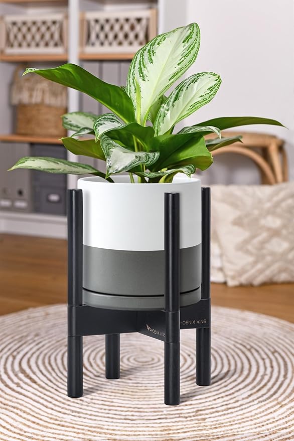 D'vine Dev Ceramic Planter with Ebony Stand - 8 Inch Modern Round Flower Pot with Wood Planter Holder, White/Grey, 55-B-M-6