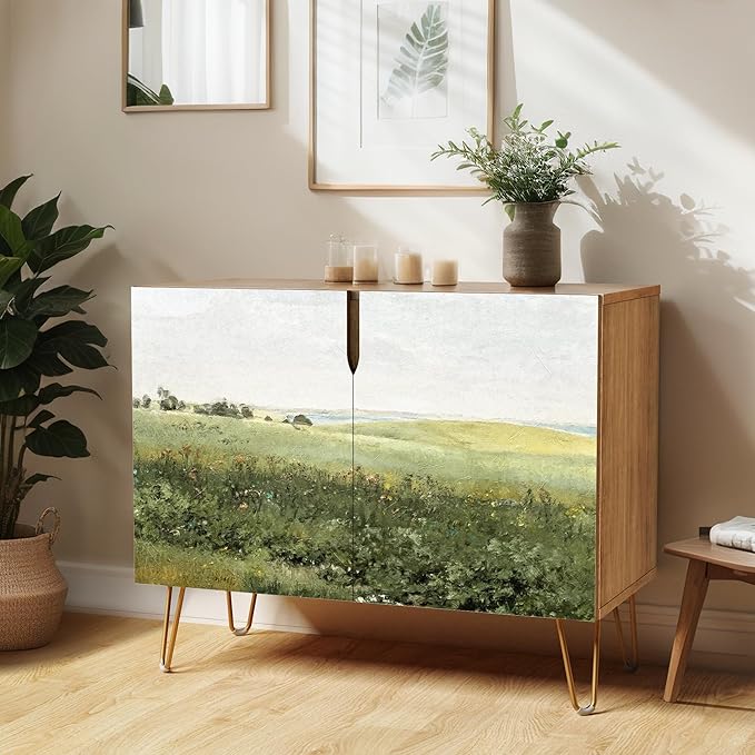 SIGNWIN Sideboard Buffet Cabinet, Kitchen Storage Cabinet with 2 Doors, Rustic Countryside Green Hill, Cupboard Console Table for Dining Room - 35" L x 18" W x 29" H