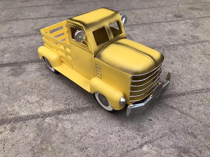 Metal Truck Decor,Farmhouse Truck Decor,Decorative Tabletop Storage & Pick-up Metal Truck Planter,12.5" x 5.75" x 6.25" inches (Yellow)