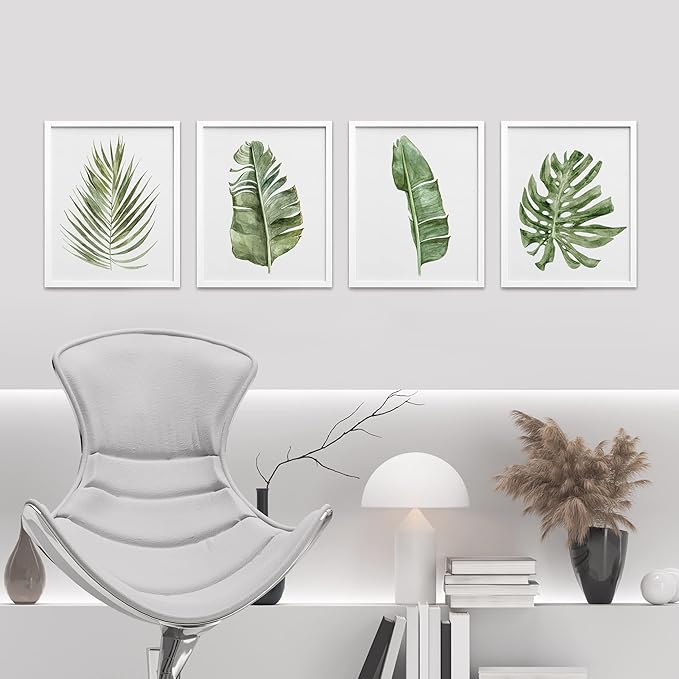 SIGNWIN Framed Banana Palm Monstera Leaf Wall Art, Set of 4 Green Pastel Wall Decor Prints, Nature Wilderness Wall Décor for Living Room, Bedroom - 8"x10" White