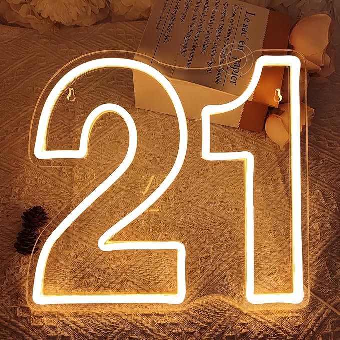 SYLHOME 21 Twenty one Led Neon Light Sign 21th Happy Birthday Party Anniversary Wall Decor Sign Number Table Sign Home Bar Pub Club Wedding Decor USB 12"X11"