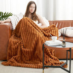 Amélie Home Faux Fur Throw Blanket for Couch, Cozy Fuzzy Fluffy Fur Luxurious Soft Striped Plush Gift Blankets for Family Sofa Chair Bed Living Room Bedroom, 55"x70", Brown