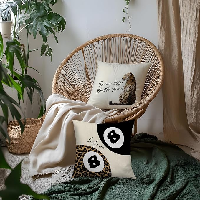 Trendy Lucky Girl 8 Ball Leopard Throw Pillow Covers 18x18, Cheetah Print Room Decor, Funky Y2K Leopard Print Motivational Decorative Pillow Covers for Girls Room Dorm Apartment Home, Set of 2