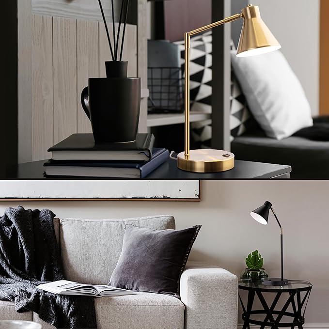 O'Bright Astrum - LED Desk Lamp with Dual USB Charging Ports, 100% Metal, 270 Degree Swivel Arms, Soft White Light (3000K), Bedside & Home Office Table Lamp, ETL Listed, Antique Brass Finish