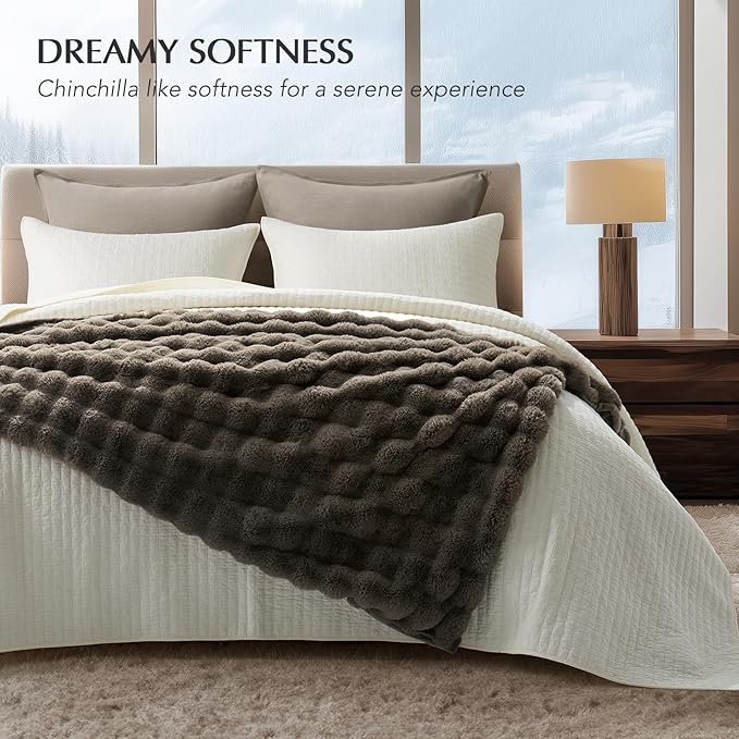 EVERGRACE Ultra Soft Luxury Fluffy Faux Rabbit Fur Throw Blanket, Thick Warm Fuzzy Blankets for Bed, Cozy Plush Reversible Blanket for Couch, Chair, Sofa, Dark Taupe, 60x80 Inches, 870 GSM