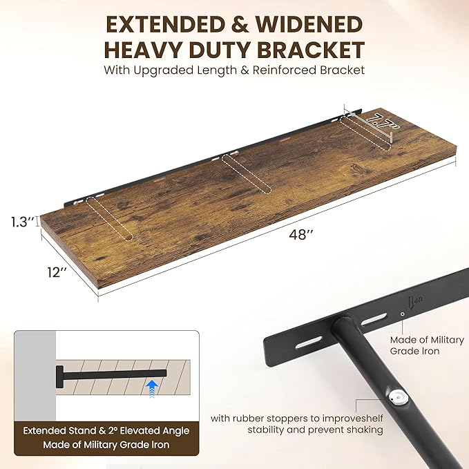 Dreamland 48" Floating Shelves for Wall, 12" Deep Slim Rustic Brown Floating Shelves, Wall-Mounted Shelves for Bedroom, Living Room, Kitchen, Bathroom - Set of 2