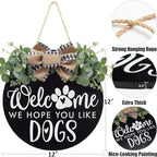 Welcome We Hope You Like Dogs Farmhouse Door Sign for Front Door Porch Decor with Eucalyptus Leaves & Buffalo Bow - Welcome Wreath Sign Hanging for Dogs Lovers Spring Summer Decor Housewarming Gift
