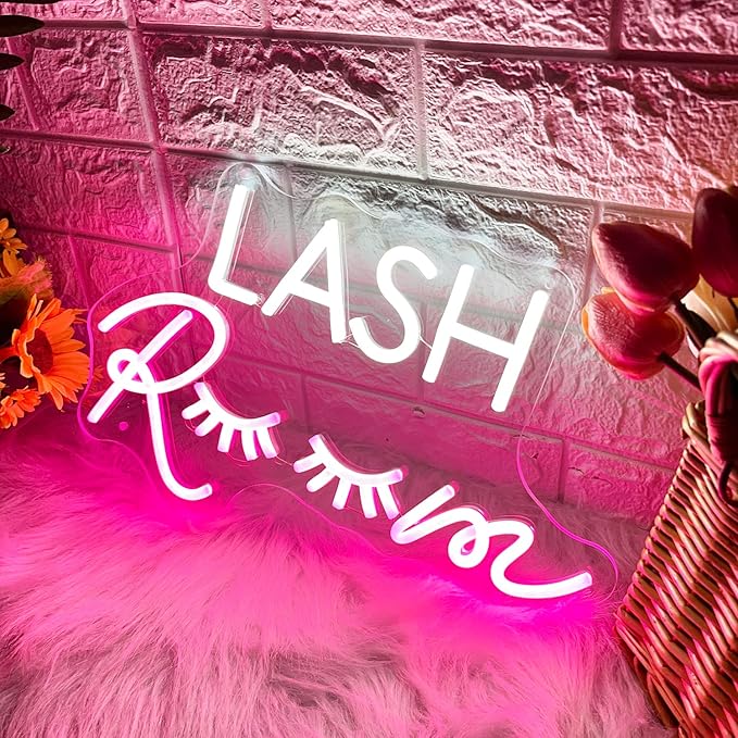 HDJSIGN Lash Room Neon Sign Eyelashes Light Pink Glow LED Sign USB Powered Neon Light for Lash Room Decor Girls Make up Beauty Room Decor Home Wall Decor Birthday Wedding Party Gift for Girls