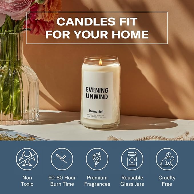 Homesick Scented Candles for Home (Evening Unwind) - 13.75 oz Long-Lasting Natural Soy Wax Blend Jar Candle Gifts for Women & Men, 60-80 Hours Burn Time - Notes of Valencia Orange, Melon & Moss