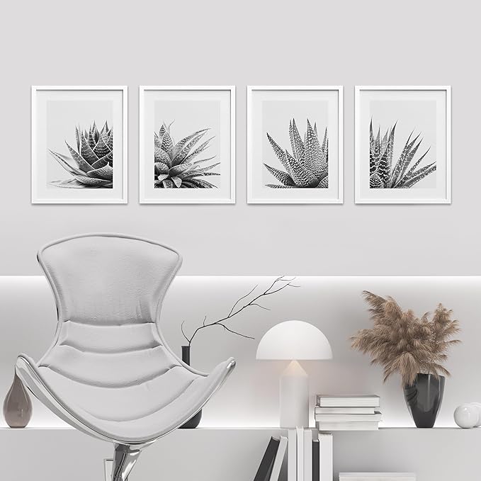 SIGNWIN Framed Black White Snake Plant Agave Cactus Succulent Wall Art, Set of 4 Floral Botanical Wall Decor Prints, Nature Wilderness Wall Décor for Living Room, Bedroom - 12"x16" White