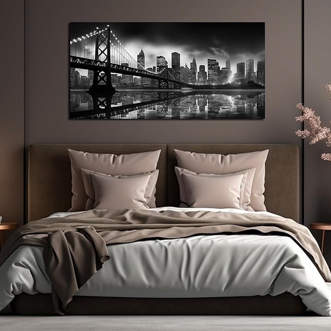 Brooklyn Bridge Canvas Wall Art for Bedroom Black and White City Wall Decor for Living Room Office Wall Art Decor 24 x 48 Inch